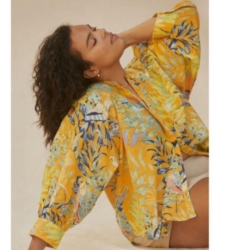 MAEVE‎ Anthropologie yellow tropical bird print blouse Ballon Sleeves Size Small